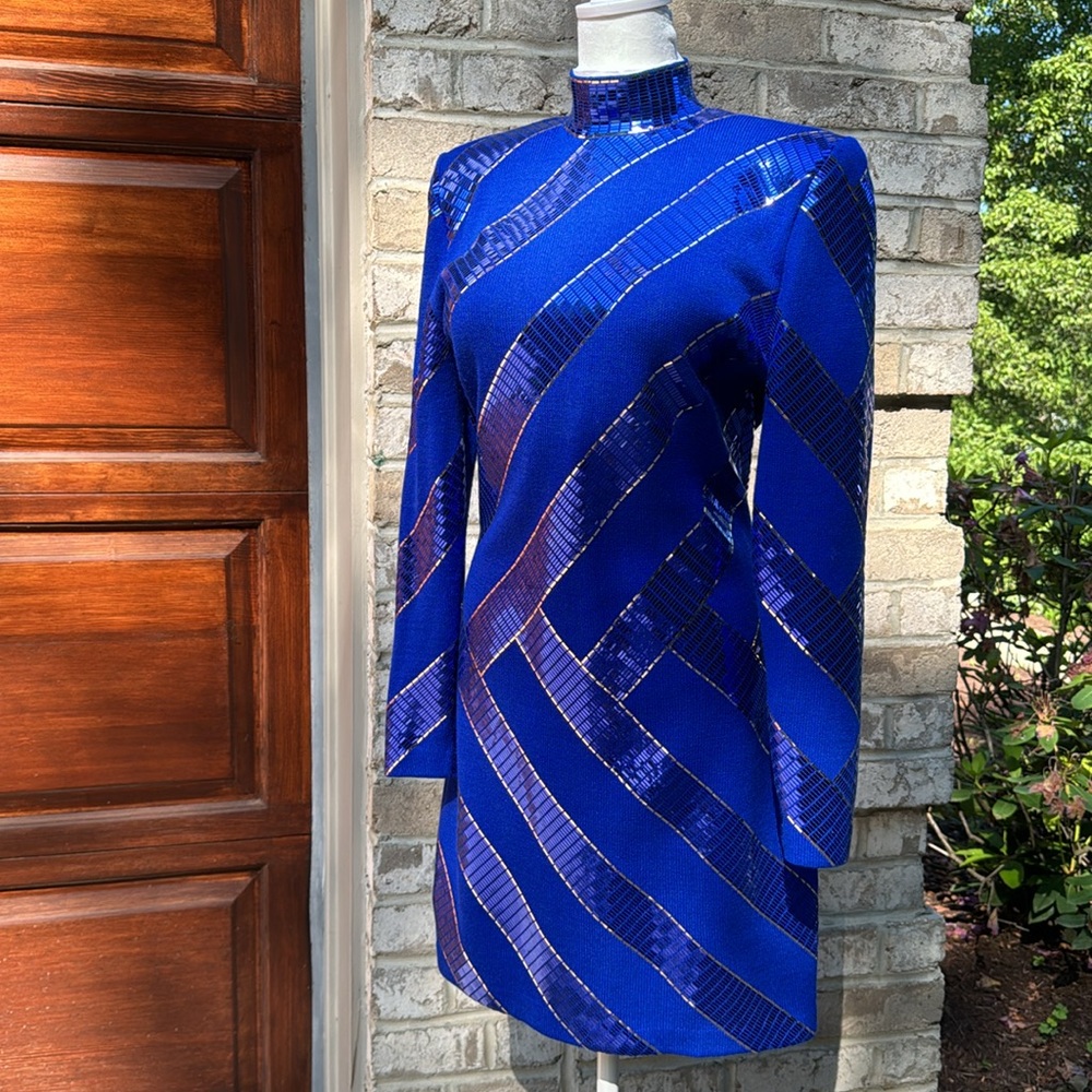 St. John Royal Blue Sequin Striped Cocktail Dress - Picture 8 of 16